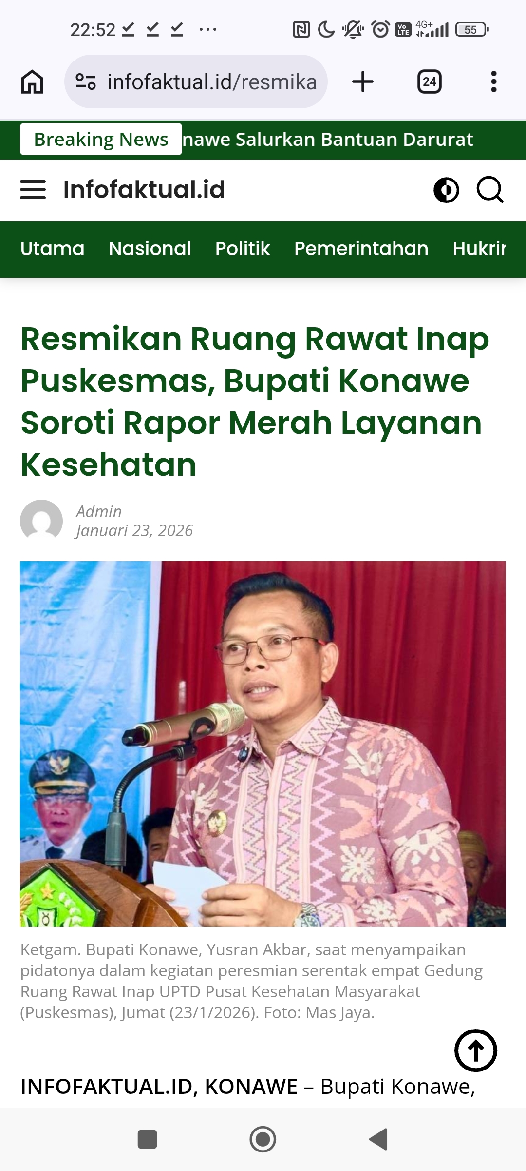 Resmikan Ruang Rawat Inap Puskesmas, Bupati Konawe Soroti Rapor Merah Layanan Kesehatan