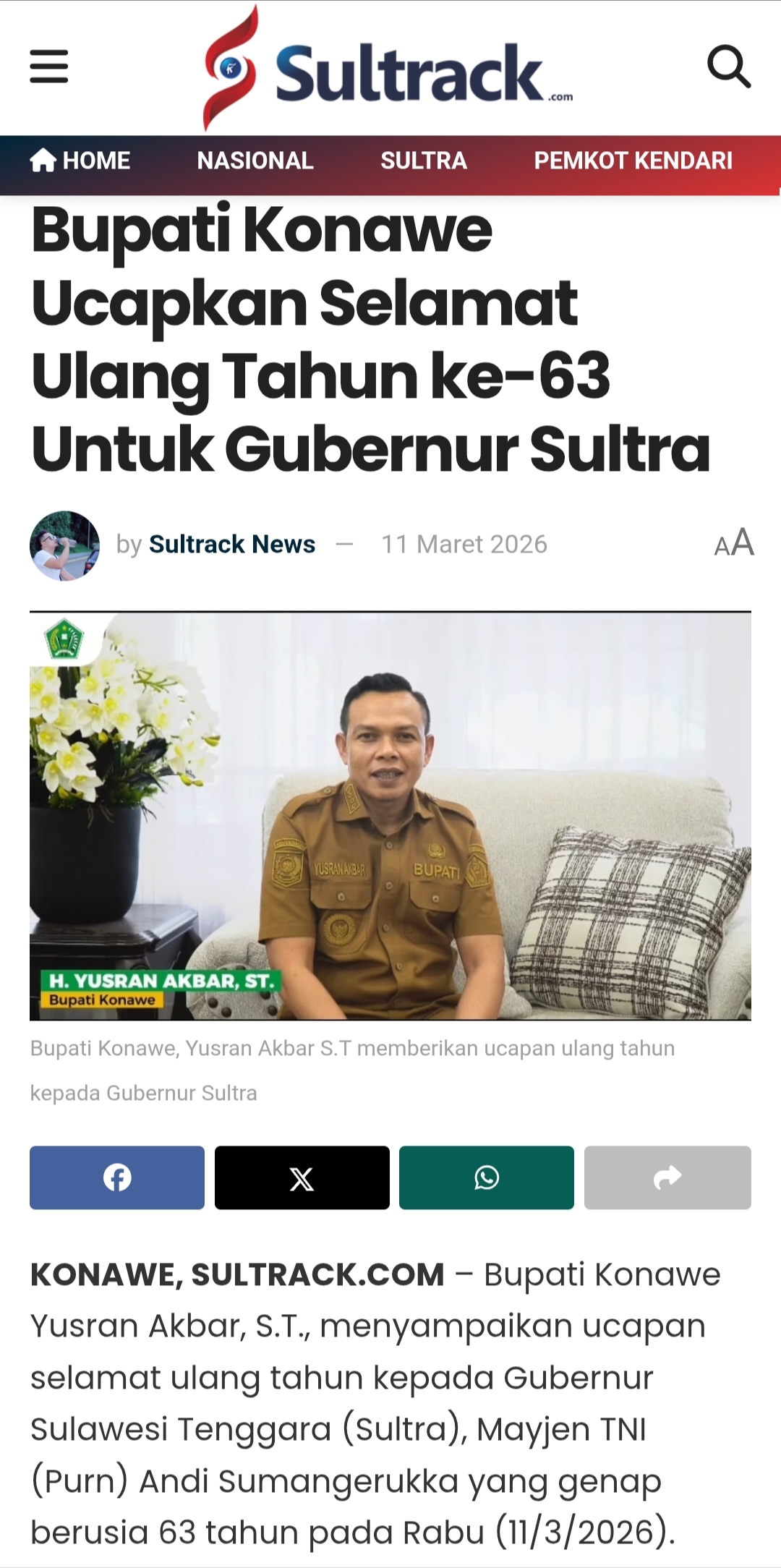 Bupati Konawe Ucapkan Selamat Ulang Tahun ke-63 Untuk Gubernur Sultra